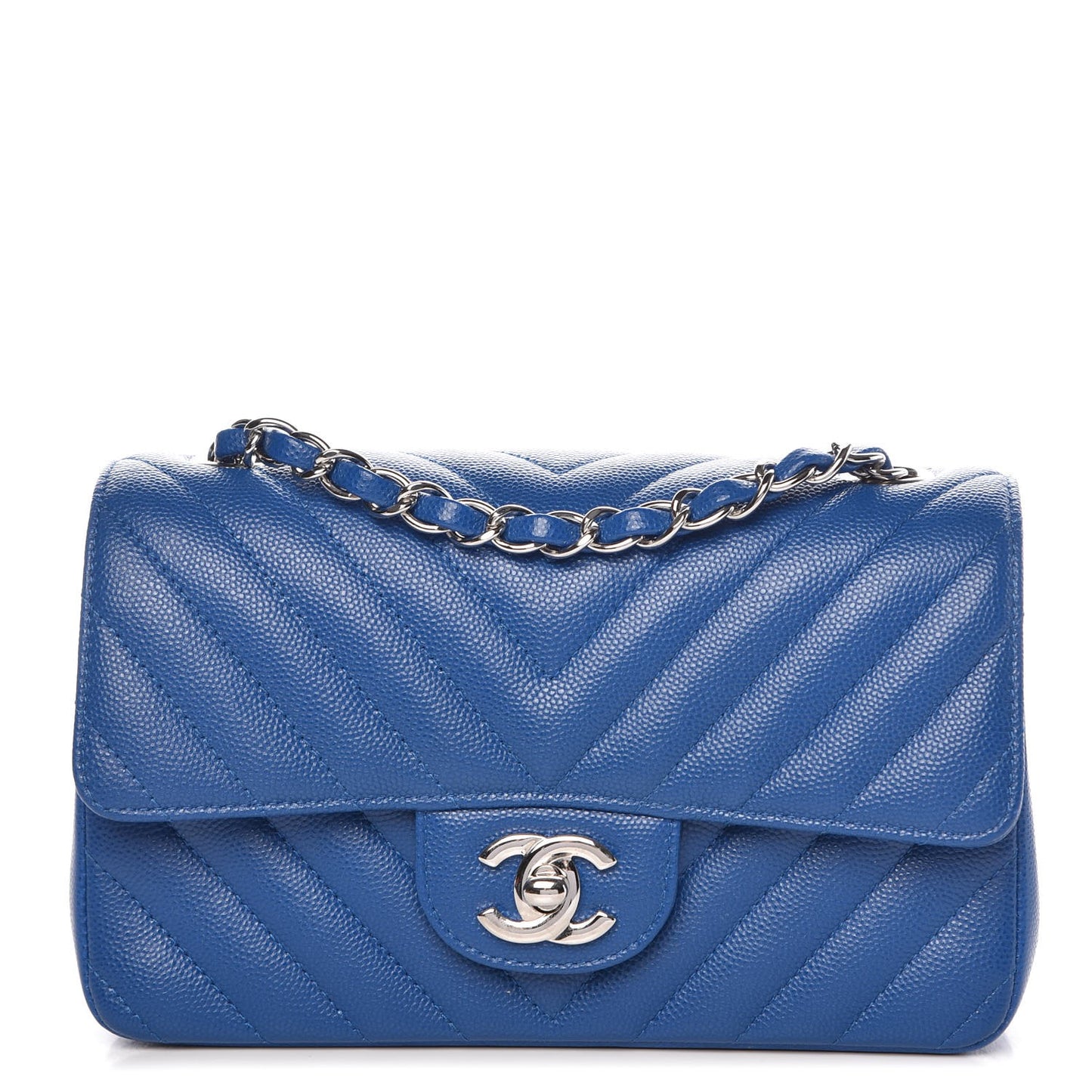 Caviar Chevron Quilted Mini Rectangular Flap Blue