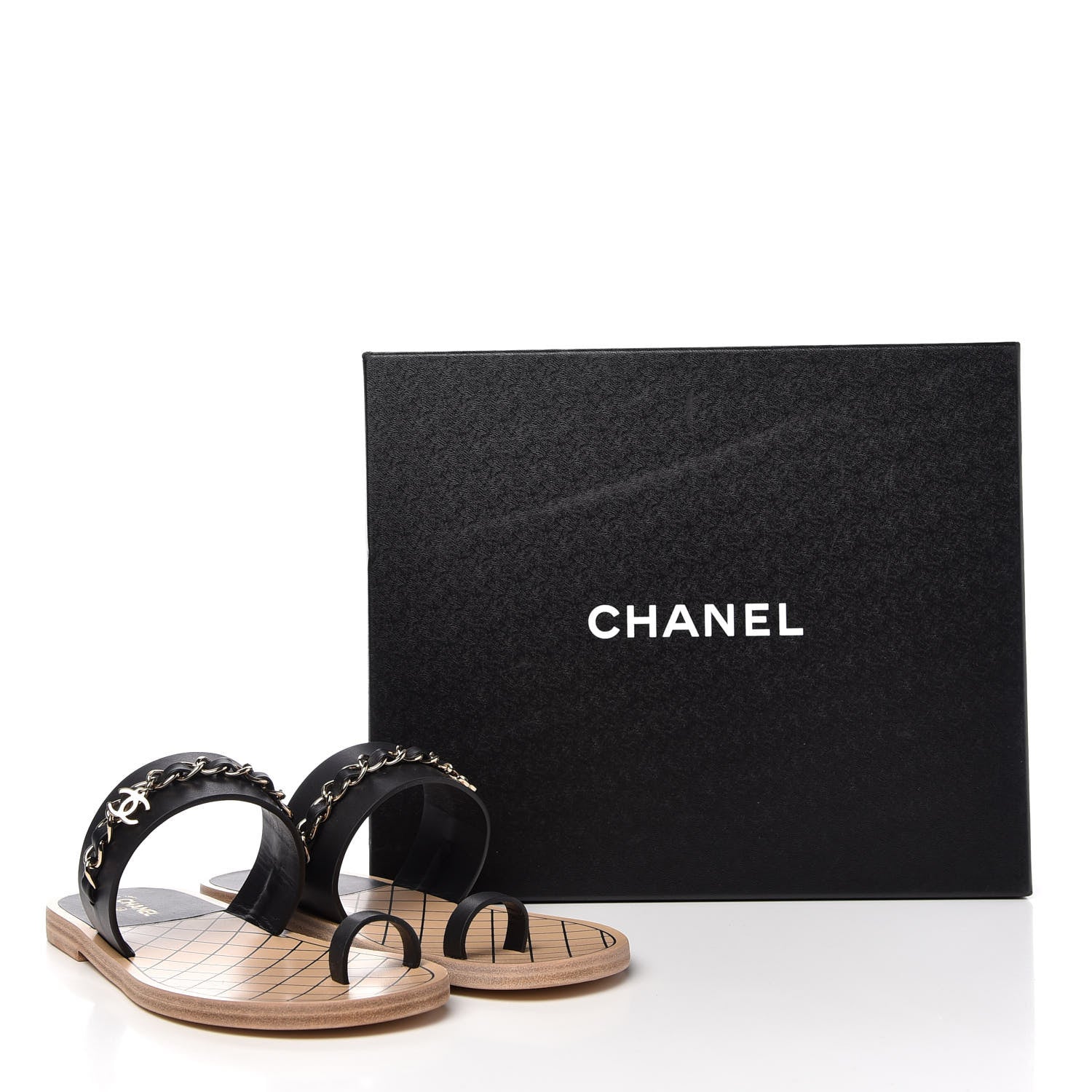 Chanel Calfskin Chain CC Logo Toe Ring Sandals 39 Black 8 of 8