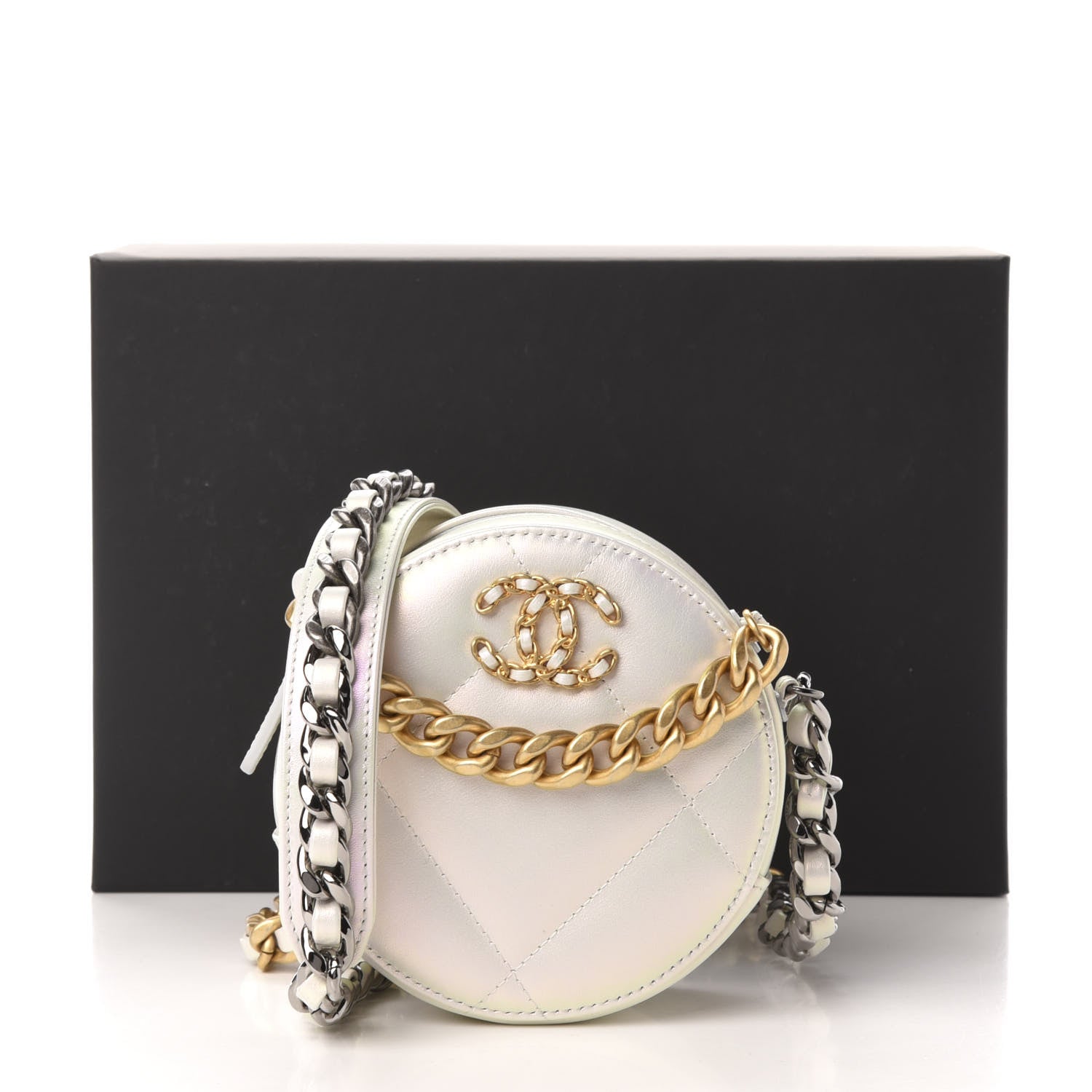 Chanel Iridescent Calfskin Quilted 19 Round Clutch With Chain White 11 of 11