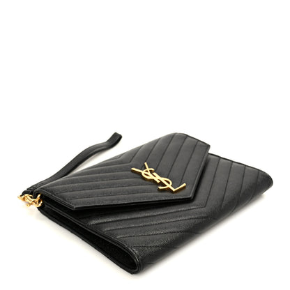 Saint Laurent Grain De Poudre Matelasse Chevron Monogram Envelope Clutch Black 4 of 9