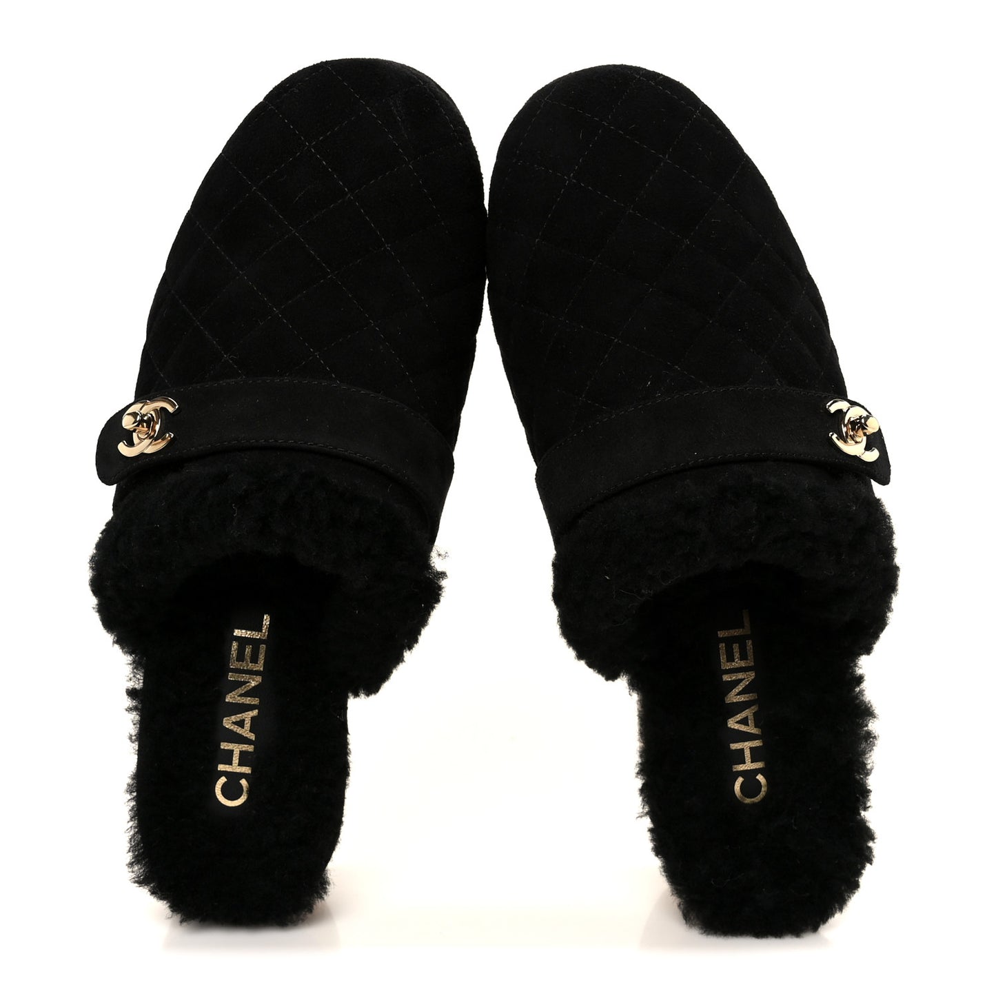 Suede Calfskin Shearling Turn Lock Clogs 38 Black