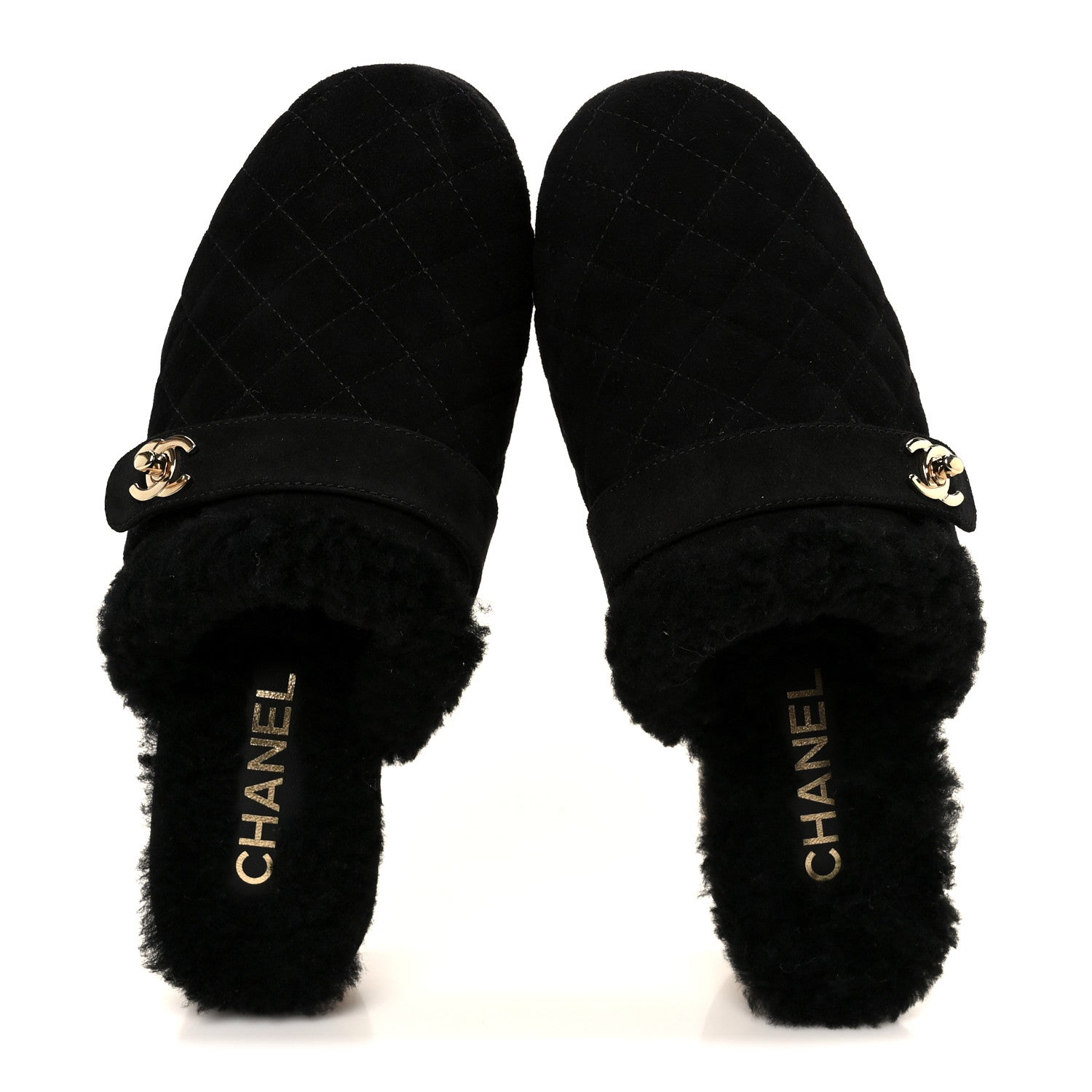 Chanel Suede Calfskin Shearling Turn Lock Clogs 38 Black 2 of 8