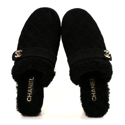 Chanel Suede Calfskin Shearling Turn Lock Clogs 38 Black 2 of 8