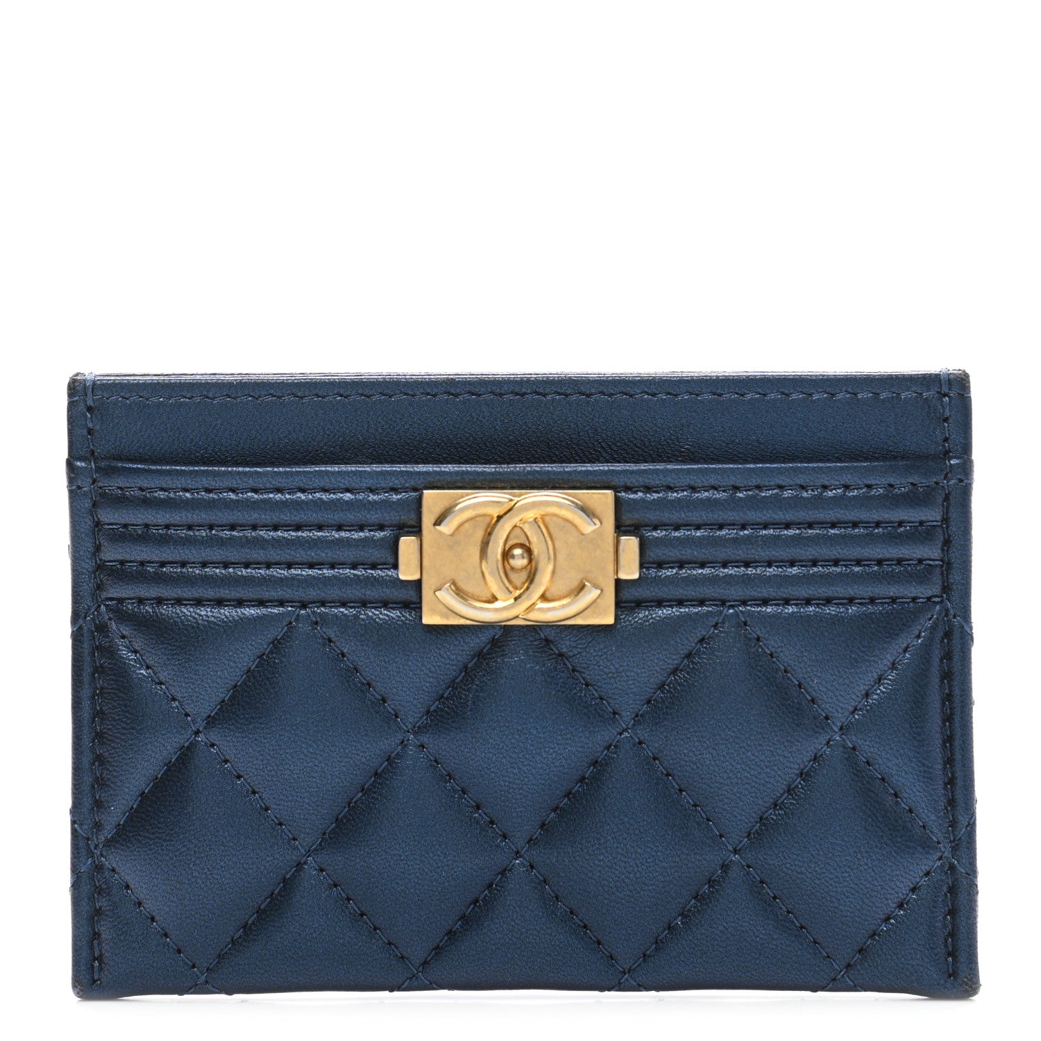Chanel Metallic Lambskin Quilted Boy Card Holder Navy Blue 1 of 9