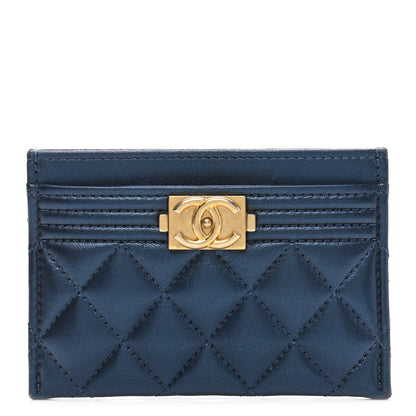 Chanel Metallic Lambskin Quilted Boy Card Holder Navy Blue 1 of 9