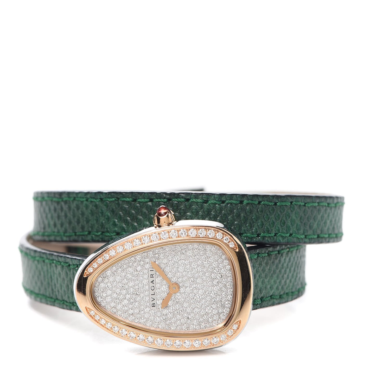 18K Rose Gold Lizard Diamond Bezel 20mm Serpenti Double Wrap Quartz Watch Green