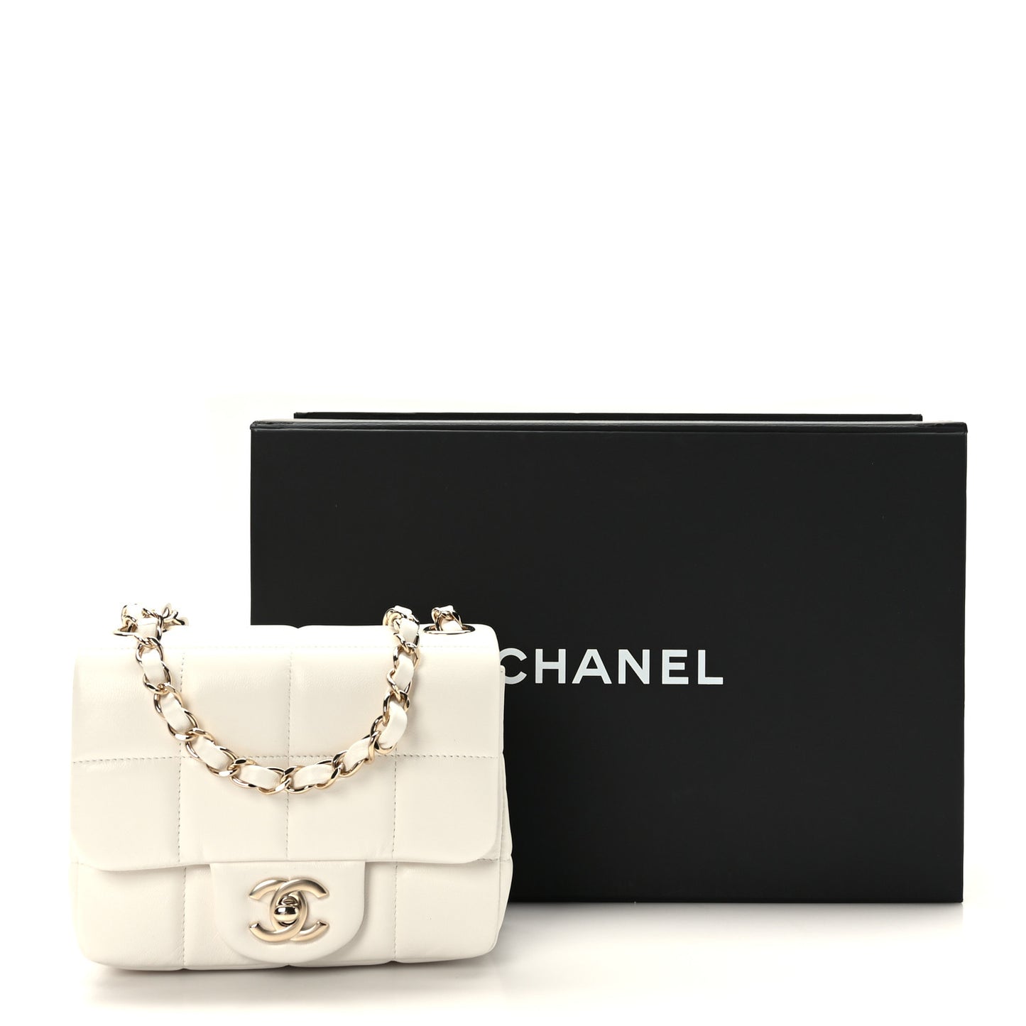 Lambskin Resin Crystal Square Quilted Monacoco Mini Square Flap White