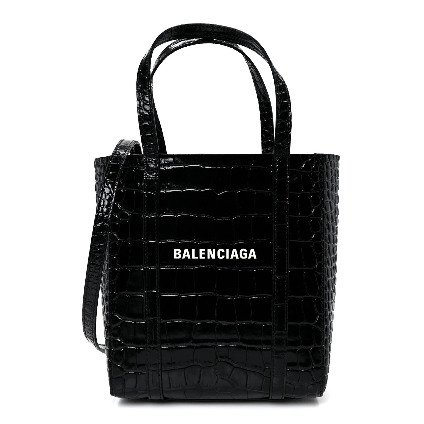 Shiny Calfskin Logo Crocodile Embossed XXS Everyday Tote  Black