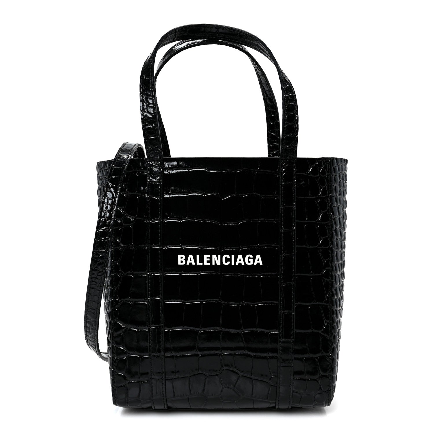 Balenciaga Shiny Calfskin Logo Crocodile Embossed XXS Everyday Tote  Black 1 of 10
