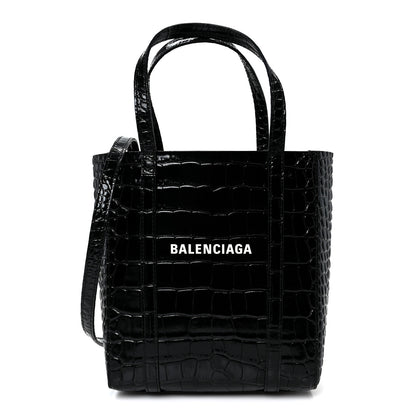 Balenciaga Shiny Calfskin Logo Crocodile Embossed XXS Everyday Tote  Black 1 of 10