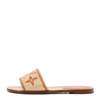 Louis Vuitton Raffia Calfskin Monogram Lock It Flat Mules 38 Cognac Brown 1 of 8