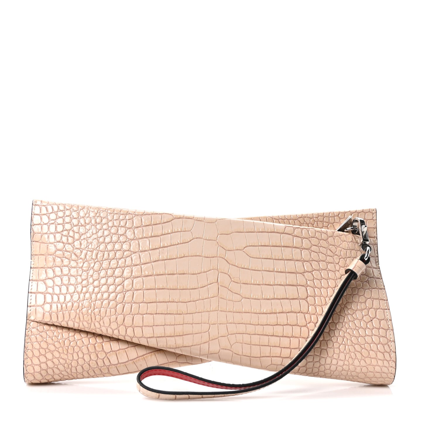 Crocodile Embossed Calfskin Loubi Twist Zip Clutch Bag Beige