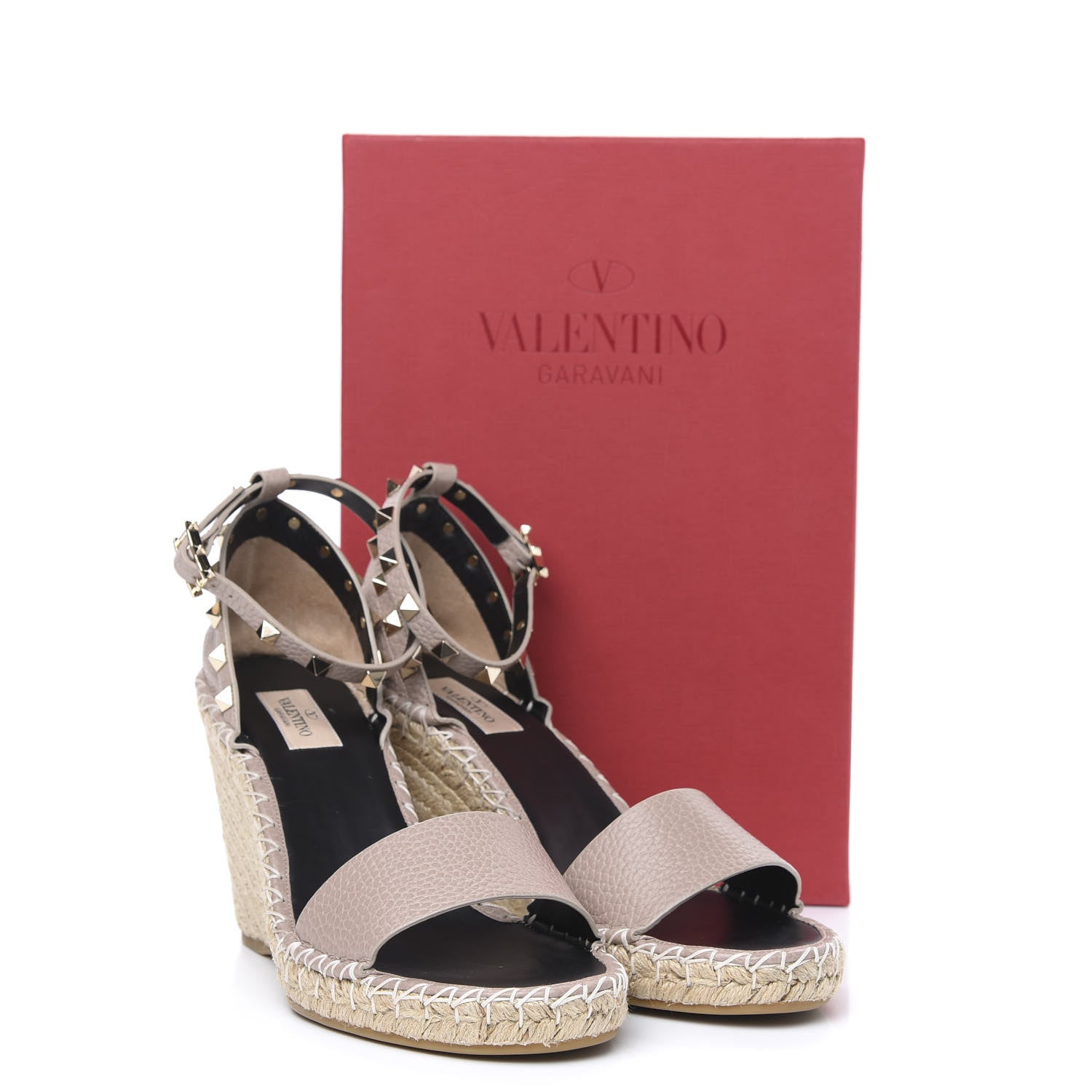 Valentino Garavani Grained Calfskin Rockstud Ankle Strap Espadrille 15/105mm Wedge Sandals 41 Poudre Natural 8 of 8