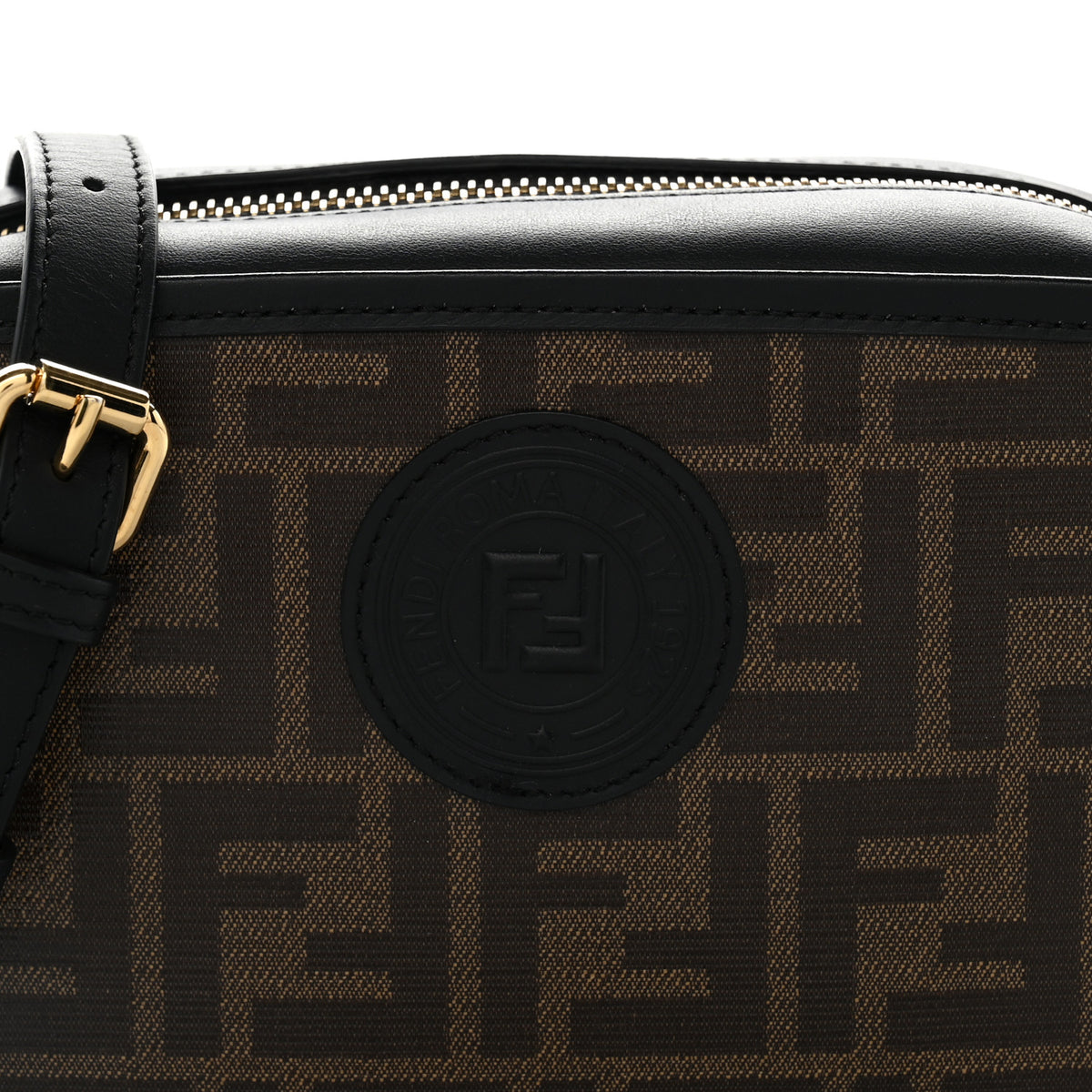 Fendi Glazed Fabric Vitello Century FF 1974 Stamp Patch Mini Camera Case Mogano Panna Black 8 of 10