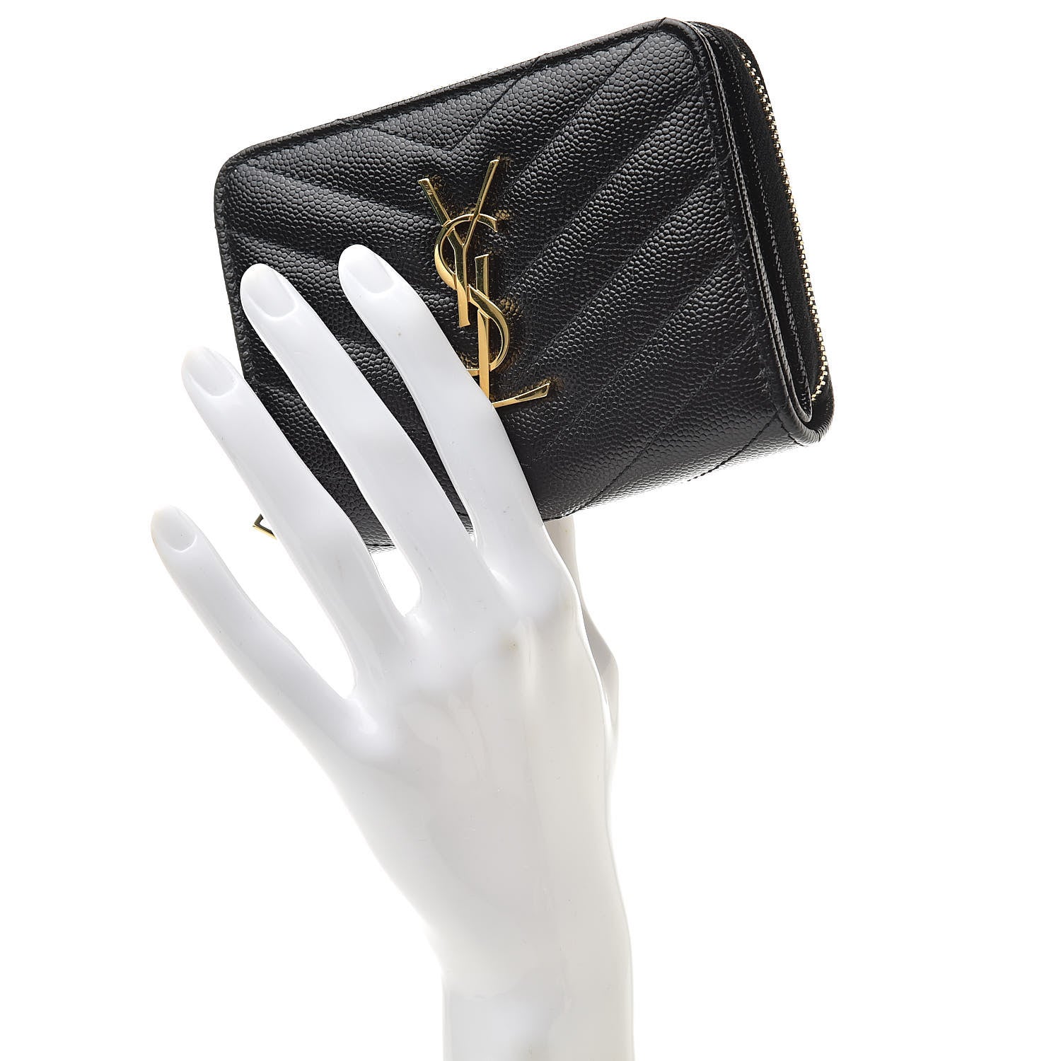 Saint Laurent Grain De Poudre Matelasse Chevron Monogram Compact Zip Around Wallet Black 2 of 9