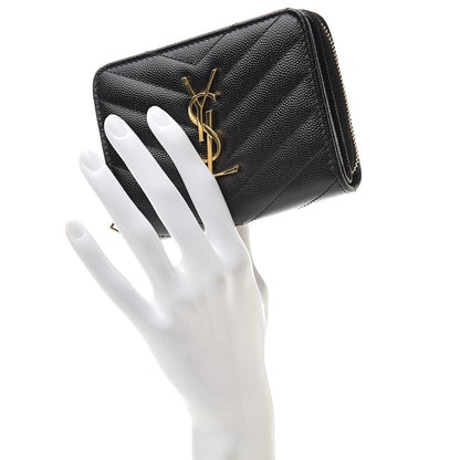 Saint Laurent Grain De Poudre Matelasse Chevron Monogram Compact Zip Around Wallet Black 2 of 9