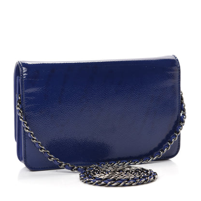 Chanel Grained Patent Calfskin Timeless Wallet On Chain WOC Blue 3 of 14