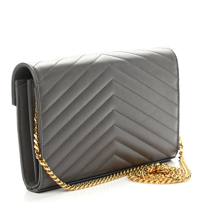 Saint Laurent Grain De Poudre Matelasse Chevron Monogram Chain Wallet Earth 3 of 8
