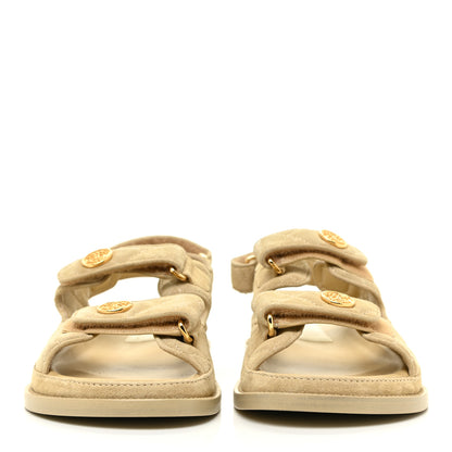 Chanel Suede Calfskin Velcro Dad Sandals 37.5 Beige 2 of 8