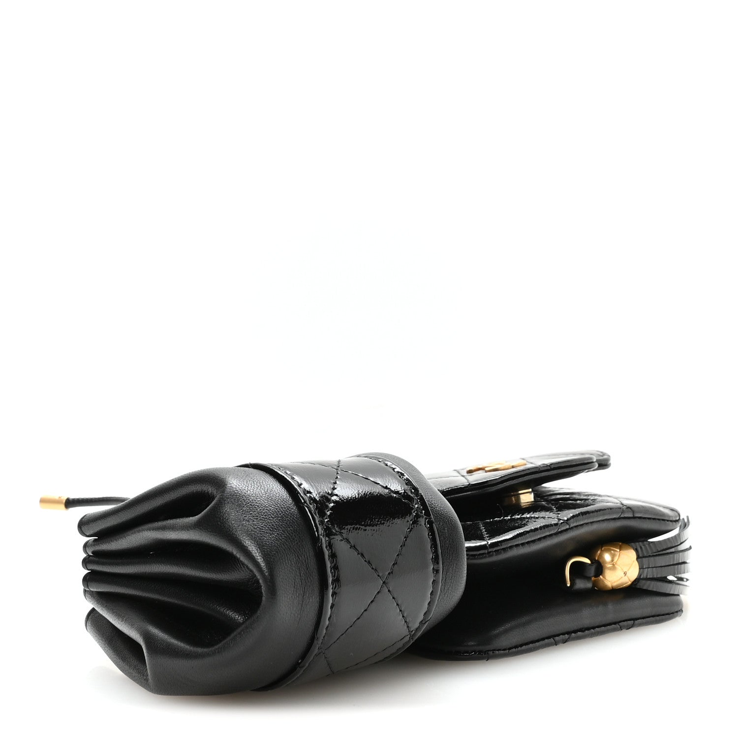 Chanel Crumpled Patent Lambskin Quilted Tassel Clutch With Chain Black 3 of 12