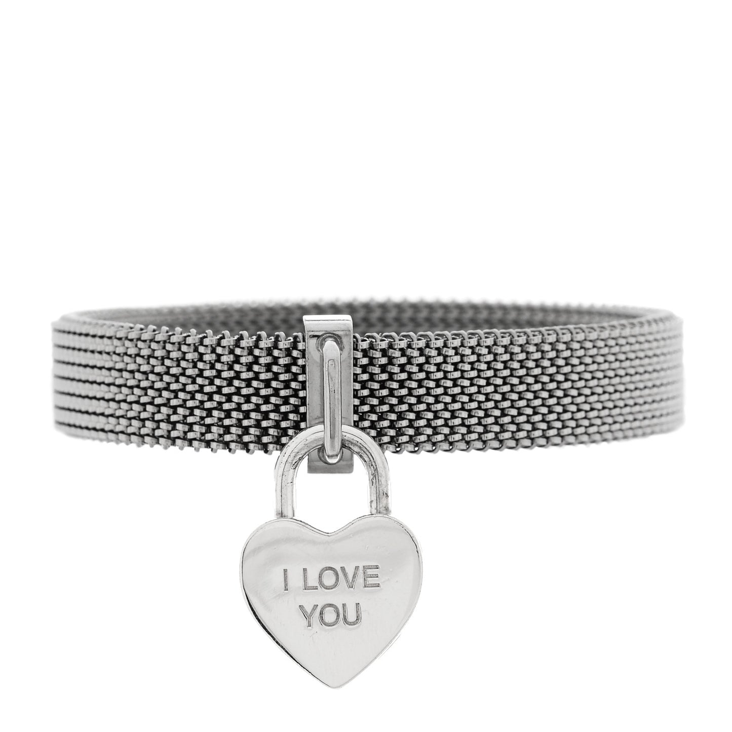 Sterling Silver Stainless Steel Heart I Love You Mesh Bracelet