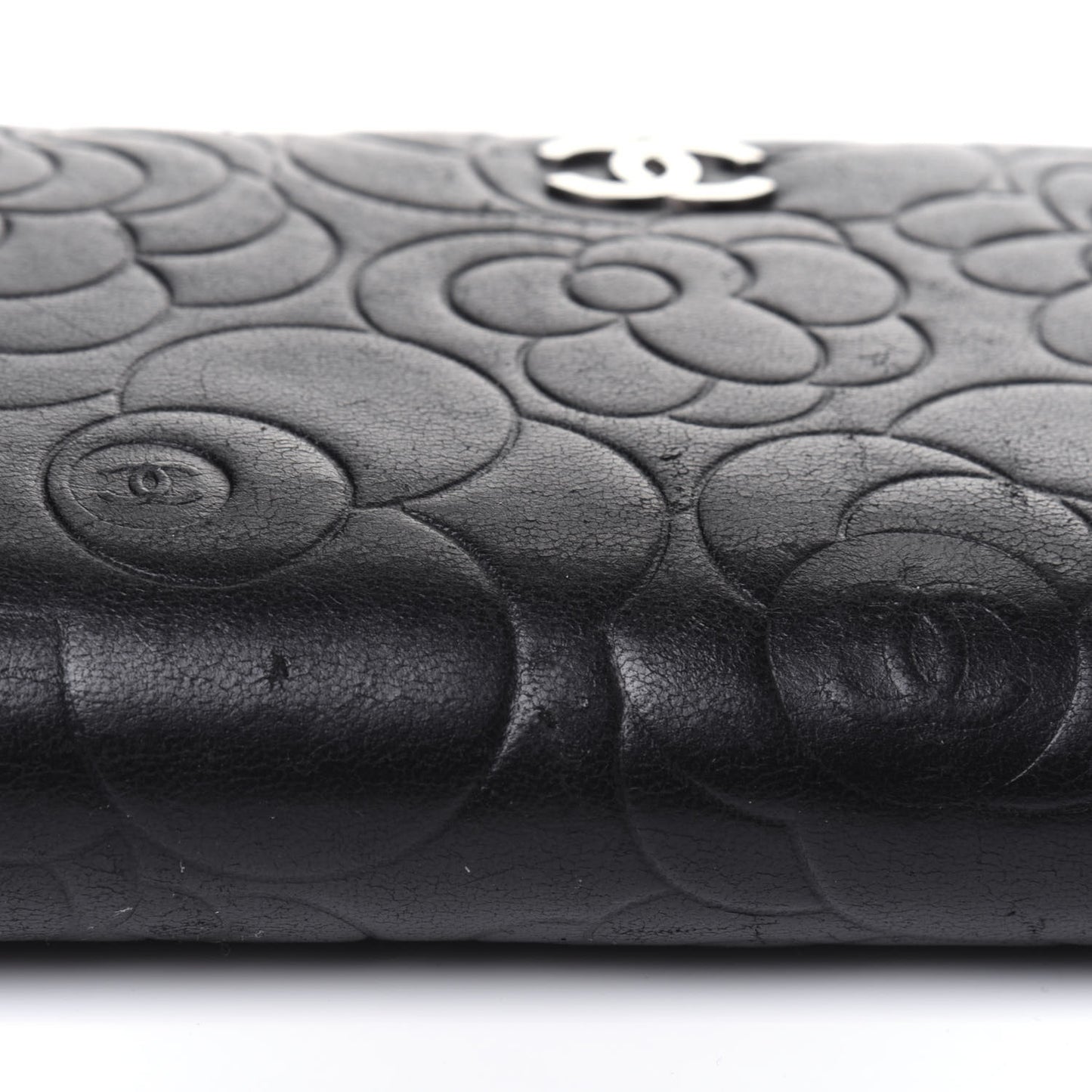Lambskin Camellia Embossed Large Zip Around Gusset Wallet Black