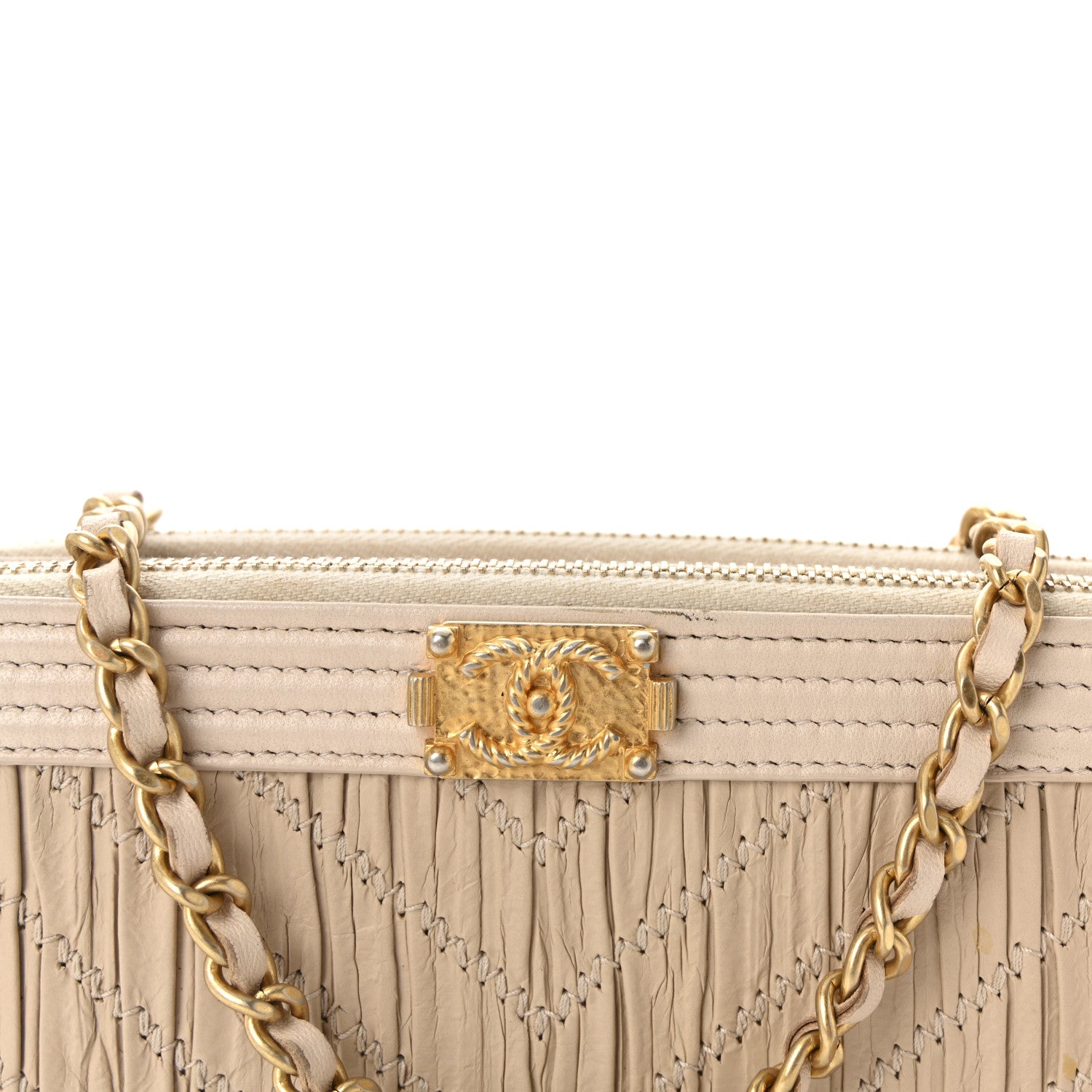 Chanel Crumpled Lambskin Chevron Quilted Pleated Small Boy Clutch With Chain Beige 8 of 10
