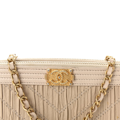 Chanel Crumpled Lambskin Chevron Quilted Pleated Small Boy Clutch With Chain Beige 8 of 10