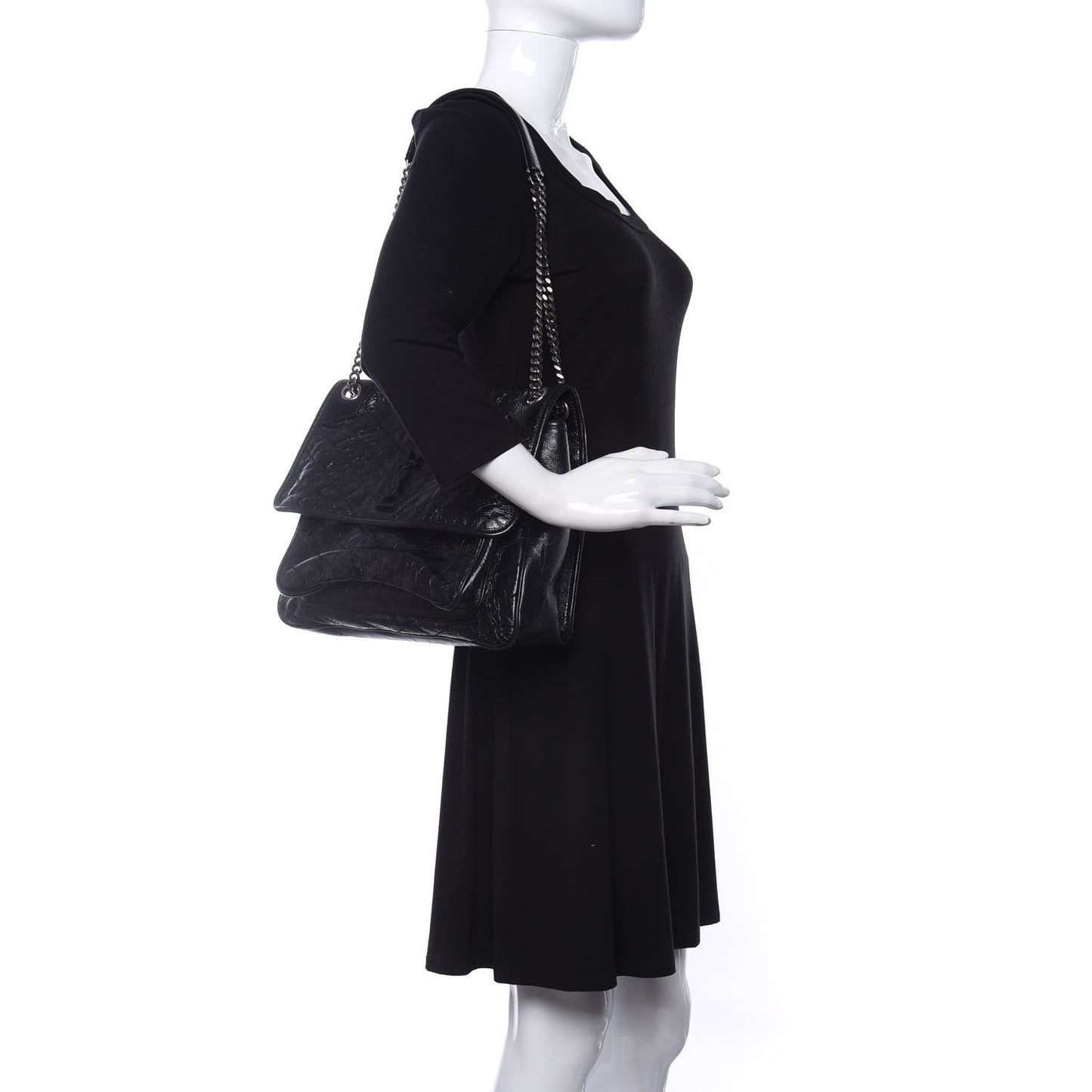 Crinkled Calfskin Matelasse Monogram Large Niki Chain Satchel Black