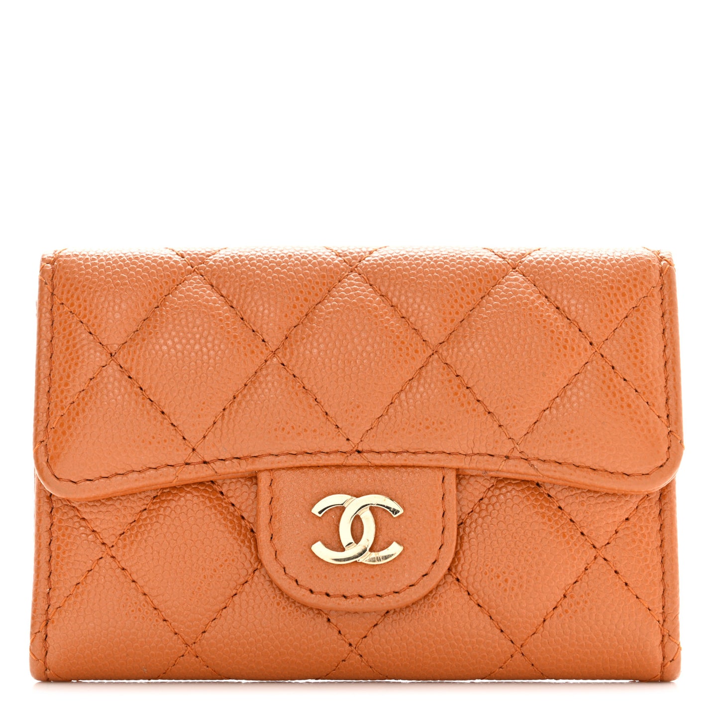 Caviar Quilted Flap Card Holder Wallet Light Brown