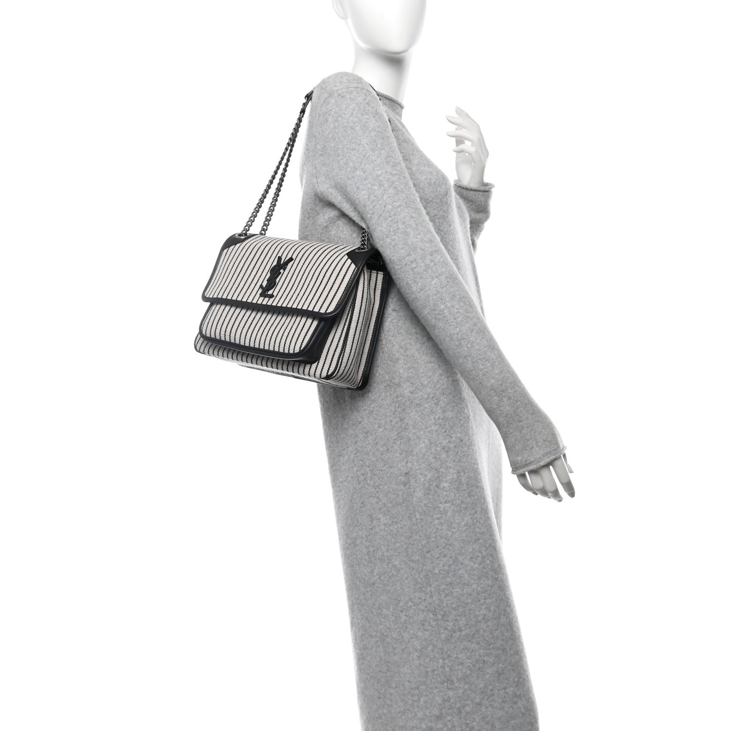 Cotton Canvas Striped Vintage Calfskin Monogram Medium Niki Chain Satchel Grey Cream Black