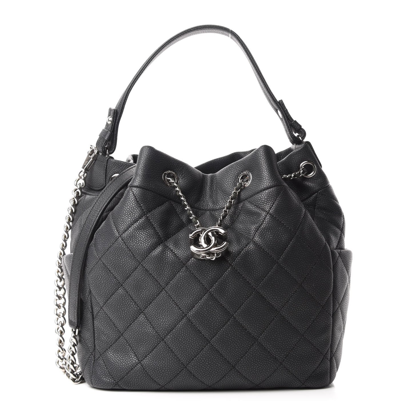 Caviar Flat Quilted CC Chain Bucket Drawstring Bag Black
