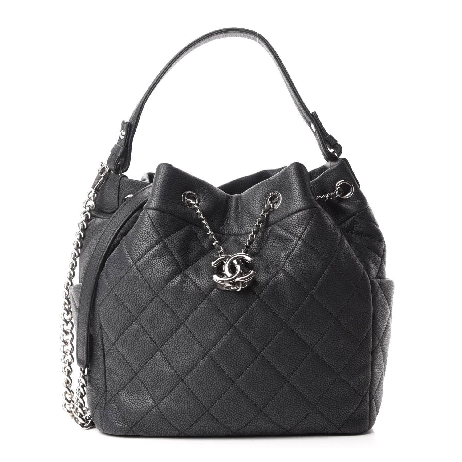 Chanel Caviar Flat Quilted CC Chain Bucket Drawstring Bag Black 1 of 9