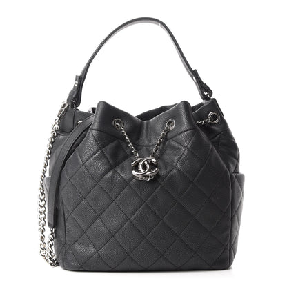 Chanel Caviar Flat Quilted CC Chain Bucket Drawstring Bag Black 1 of 9