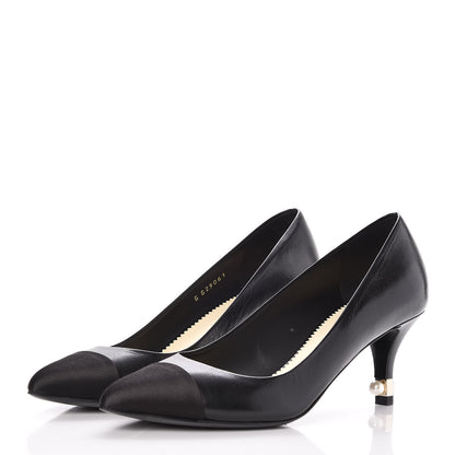 Chanel Lambskin Satin Cap Toe Pearl Pumps 38 Black 3 of 8