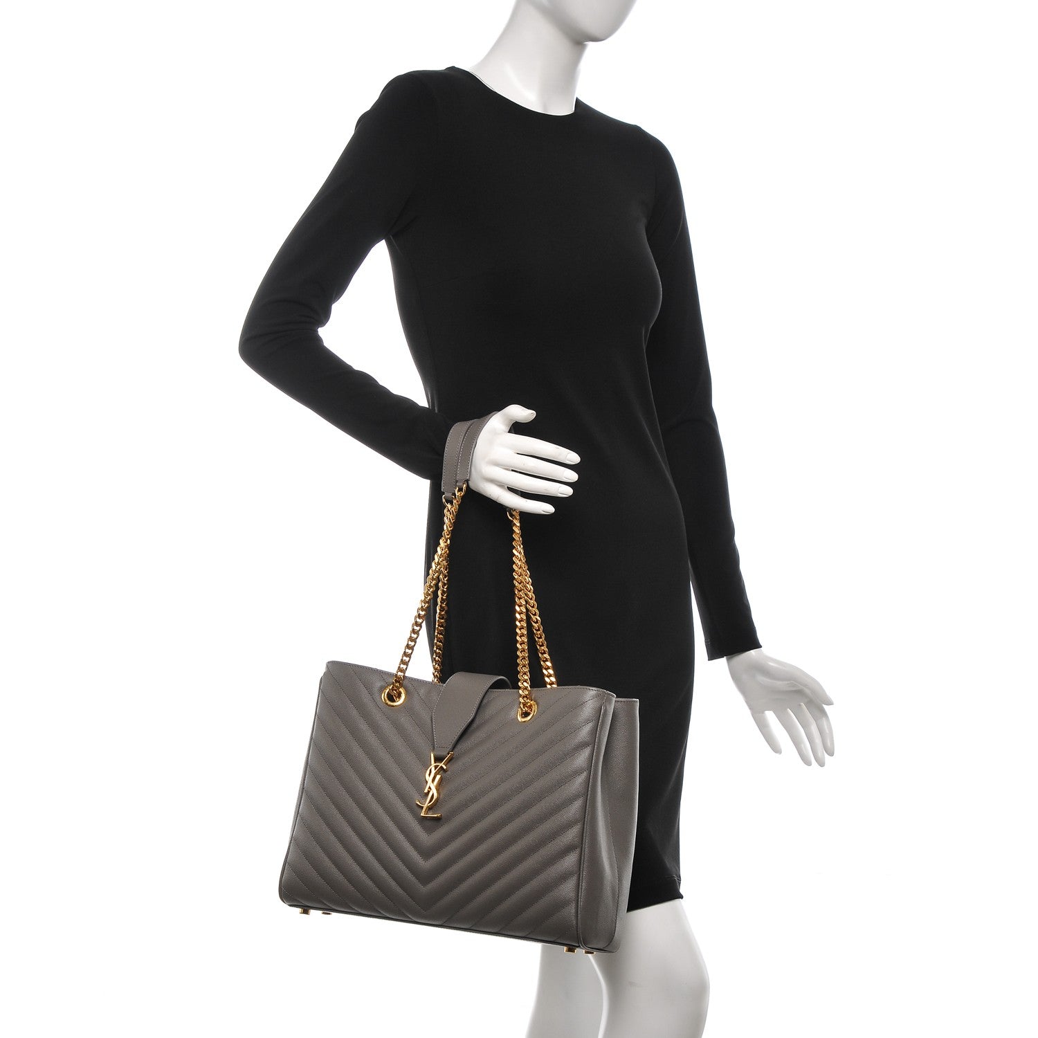 Saint Laurent Grain De Poudre Matelasse Chevron Monogram Shopping Bag Fog 2 of 7