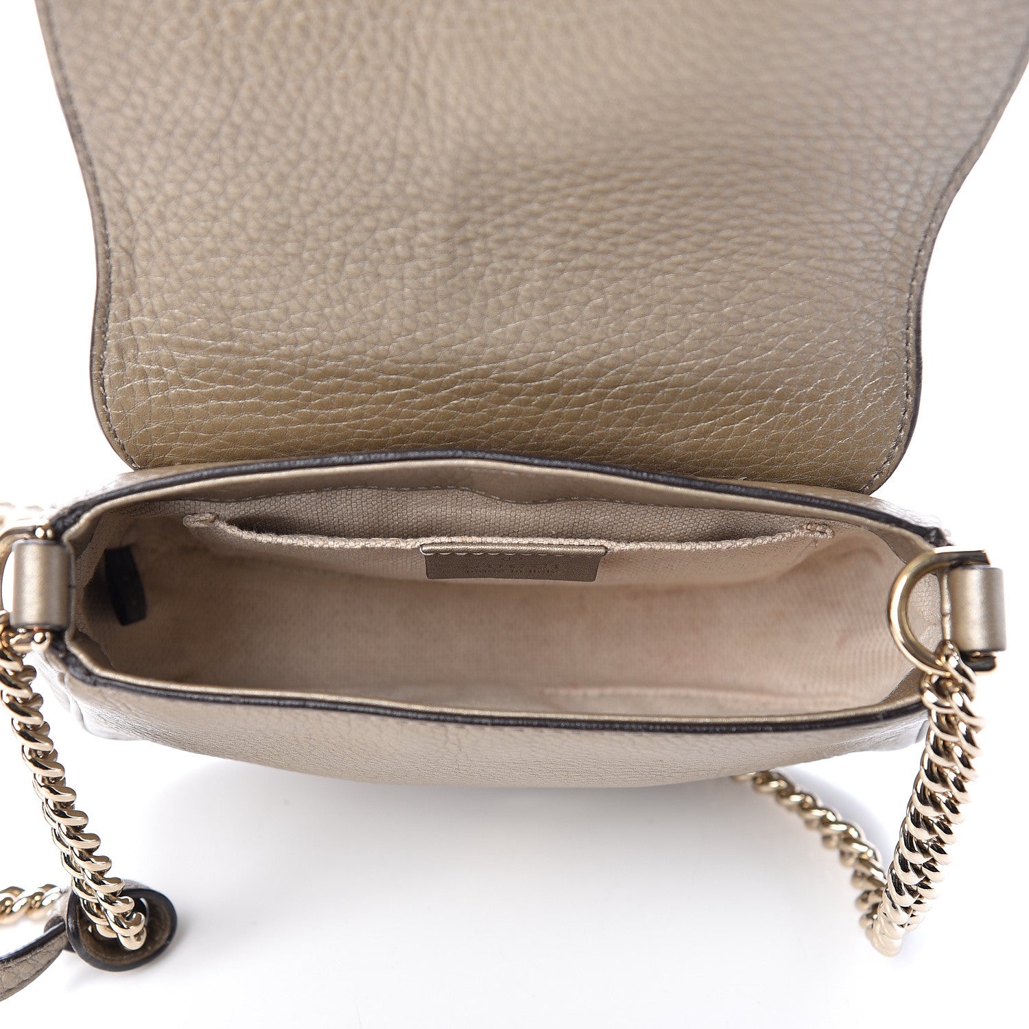 Gucci Metallic Pebbled Calfskin Small Soho Flap Crossbody Golden Beige 5 of 10