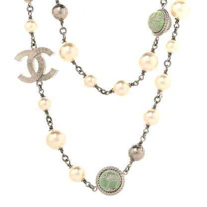 Chanel Pearl Beaded CC Long Necklace Silver Green 1 of 4
