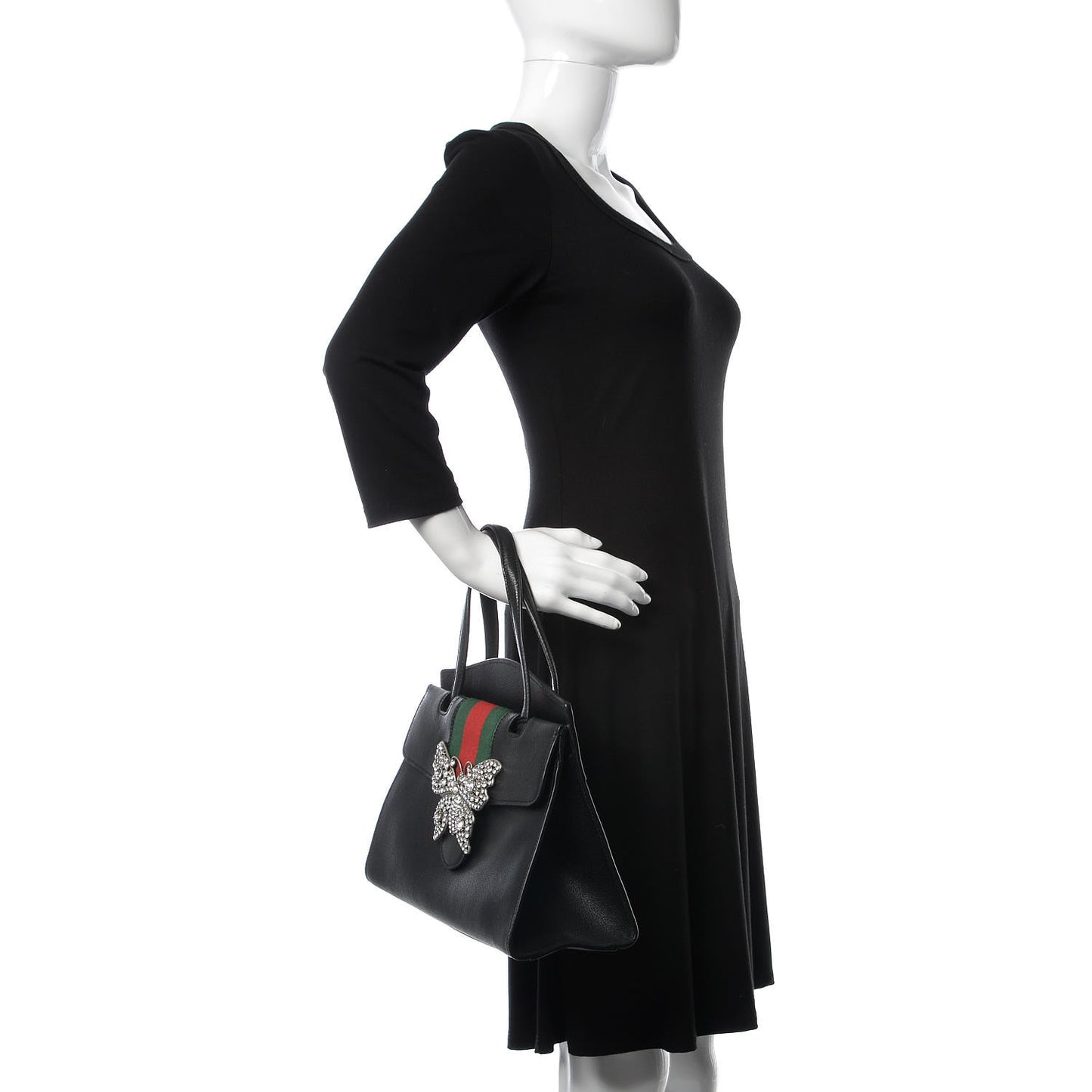 Grained Calfskin Web Crystal Butterfly Stripe Medium Totem Top Handle Bag Black