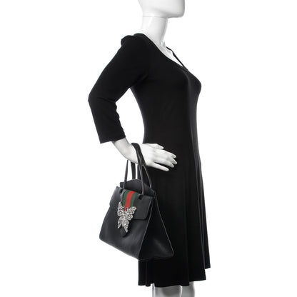 Gucci Grained Calfskin Web Crystal Butterfly Stripe Medium Totem Top Handle Bag Black 3 of 12