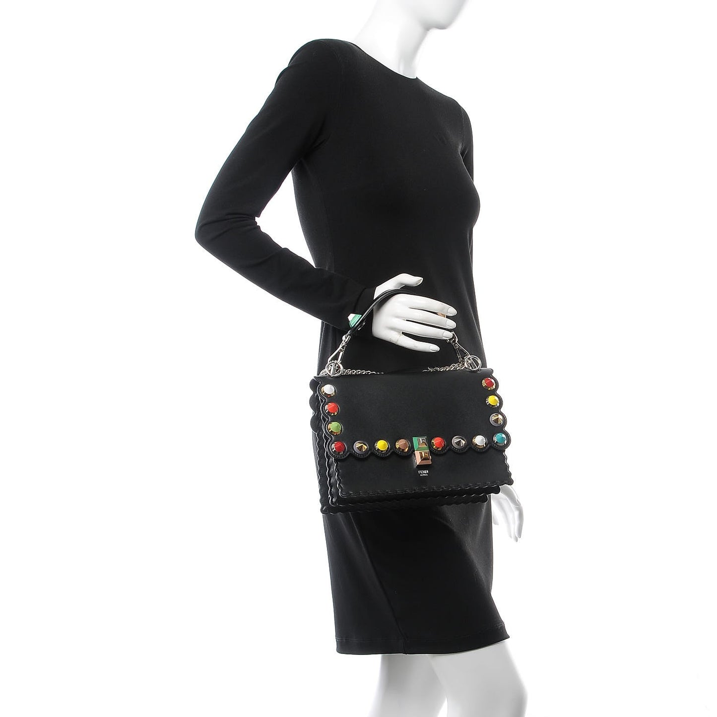 Vitello Liberty Scalloped Spike Studded Kan I Shoulder Bag Black Multicolor