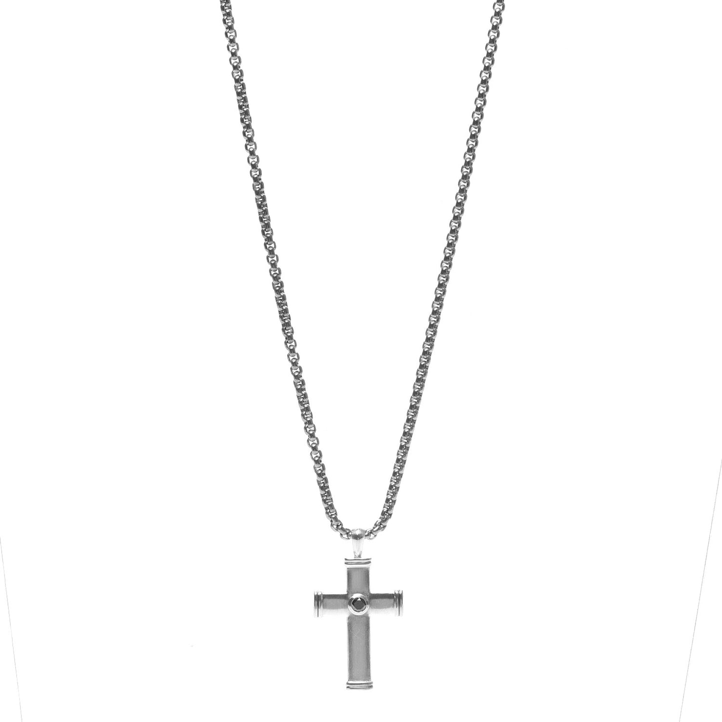 Sterling Silver Titanium Black Diamond Streamline Cross Tag Pendant Necklace