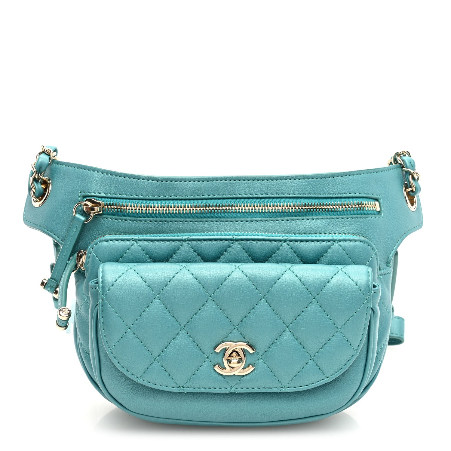 Chanel Metallic Calfskin Flap Chain Waist Bag Turquoise 1 of 12