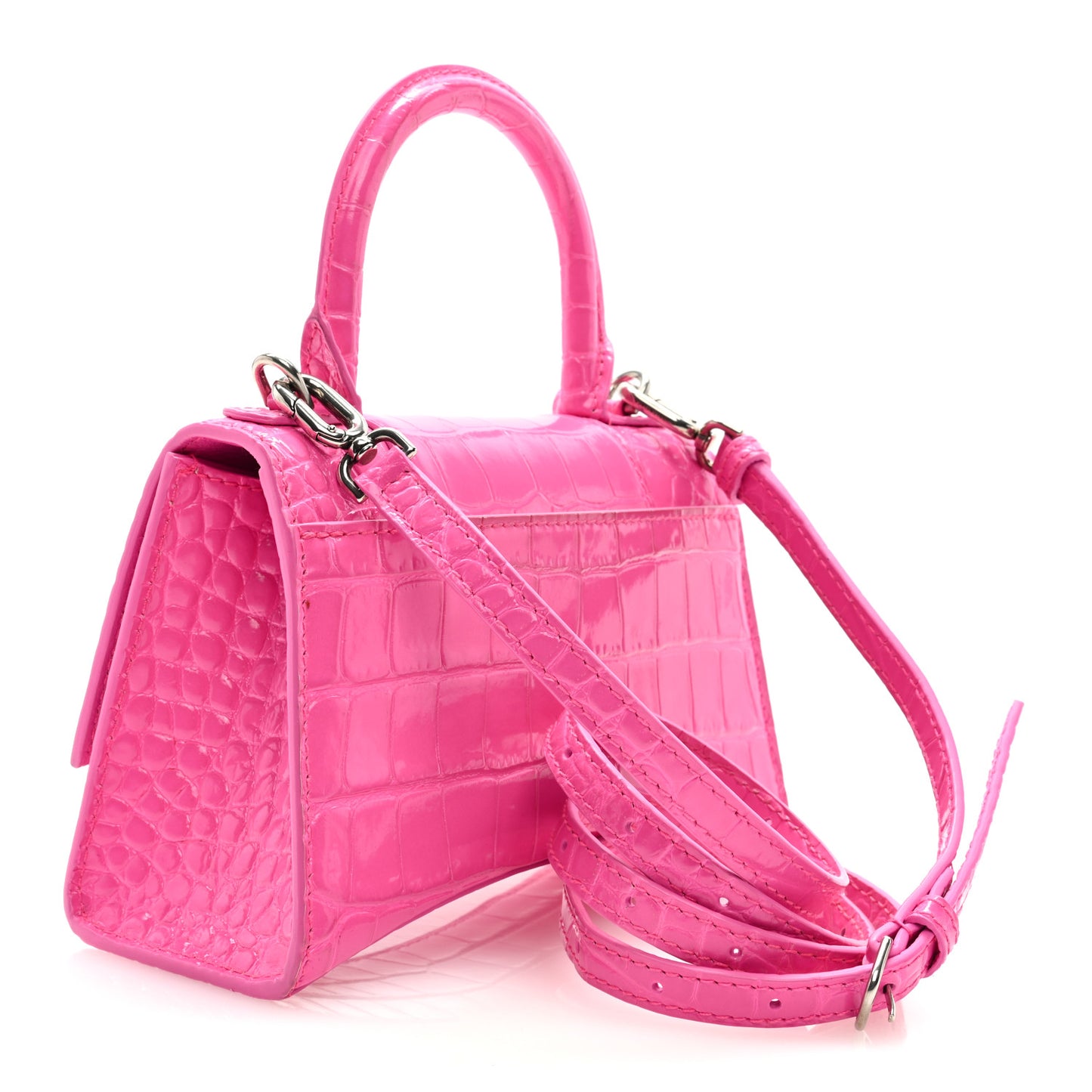 Shiny Calfskin Crocodile Embossed Hourglass Top Handle Bag XS Neon Pink
