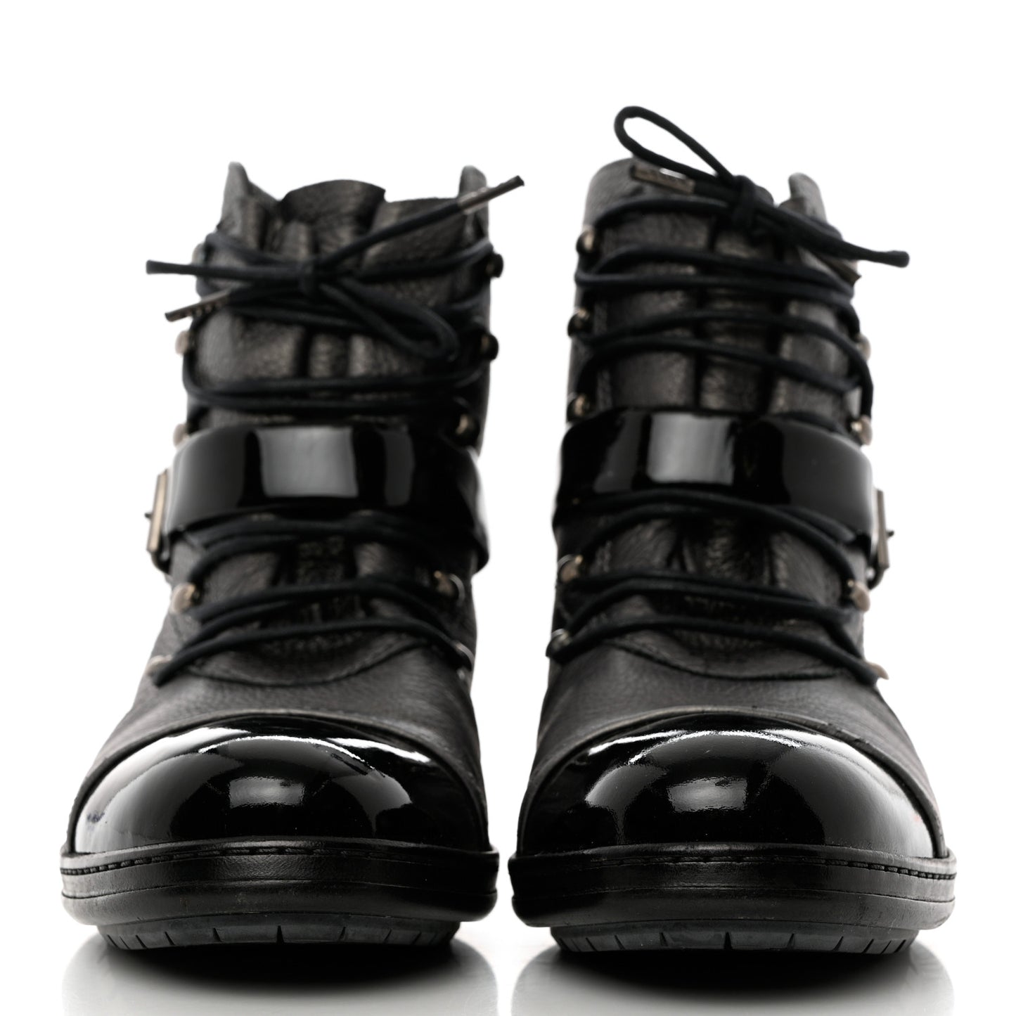 Metallic Grained Calfskin Patent Cap Toe Combat Short Boots 38.5 Dark Silver