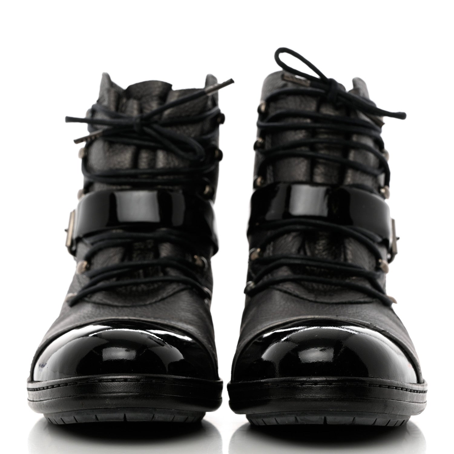 Chanel Metallic Grained Calfskin Patent Cap Toe Combat Short Boots 38.5 Dark Silver 2 of 12