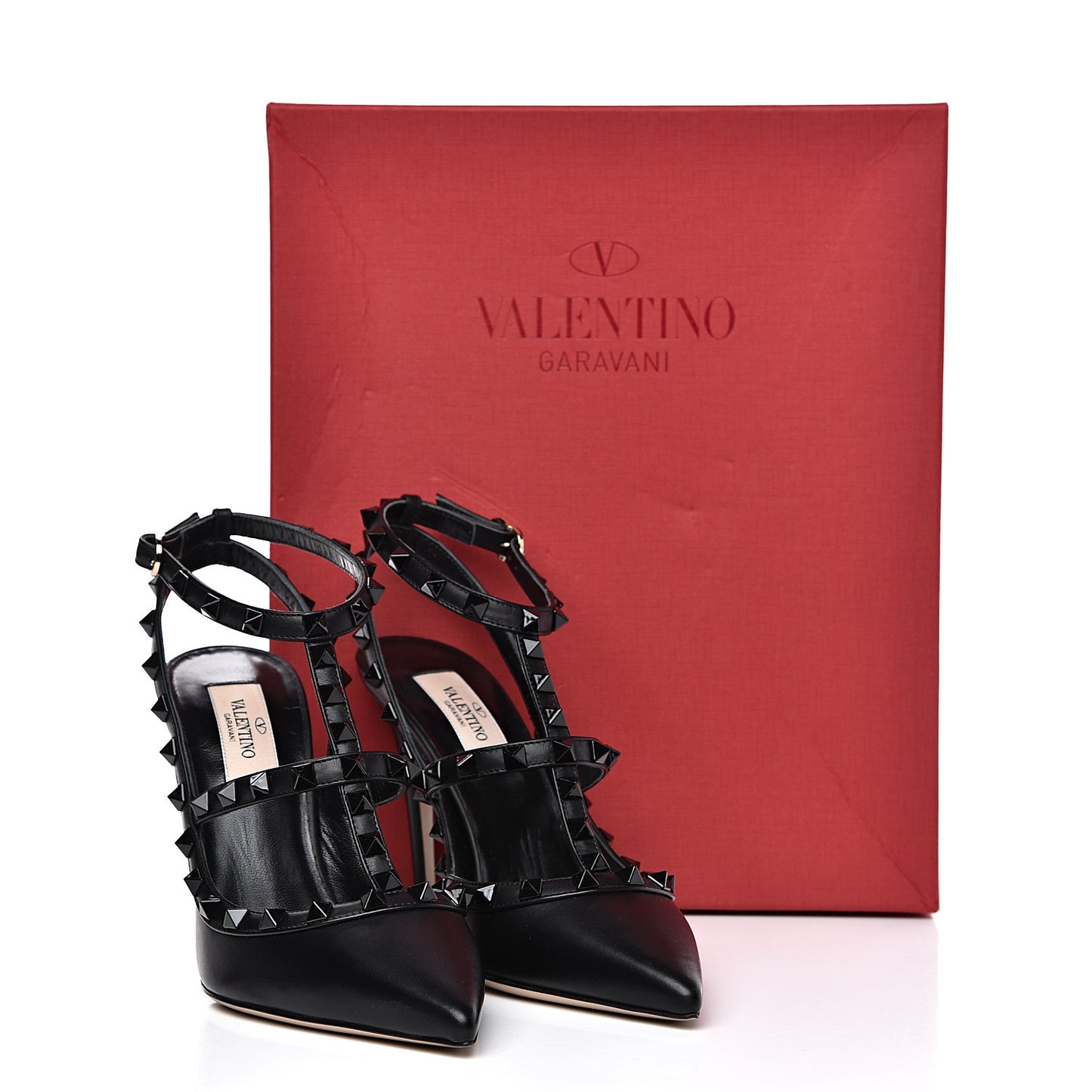 Calfskin Lacquered Monochrome Rockstud Ankle Strap 100mm Pumps 37.5 Black