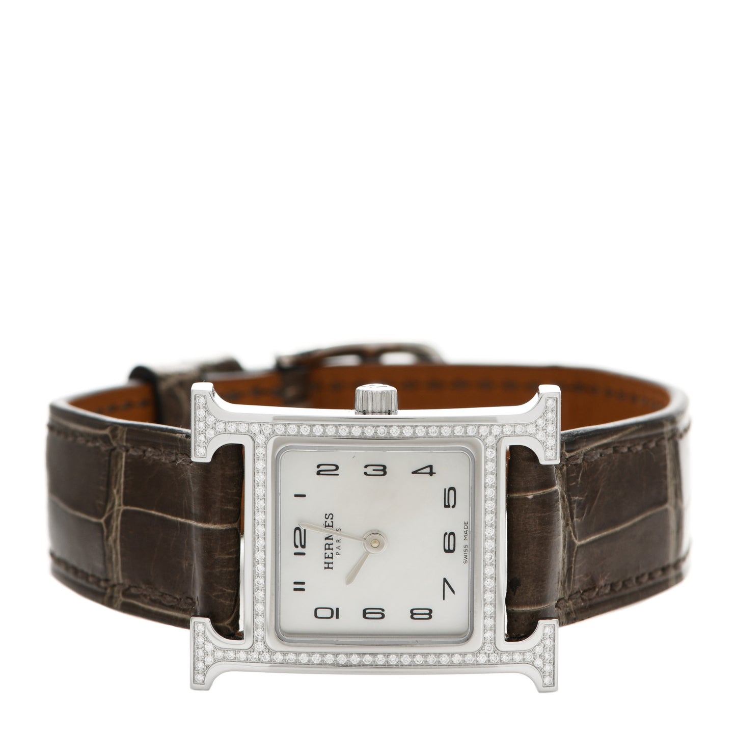 Stainless Steel Alligator Diamond Bezel Mother of Pearl 21mm Heure H Hour Quartz Watch Gris Elephant