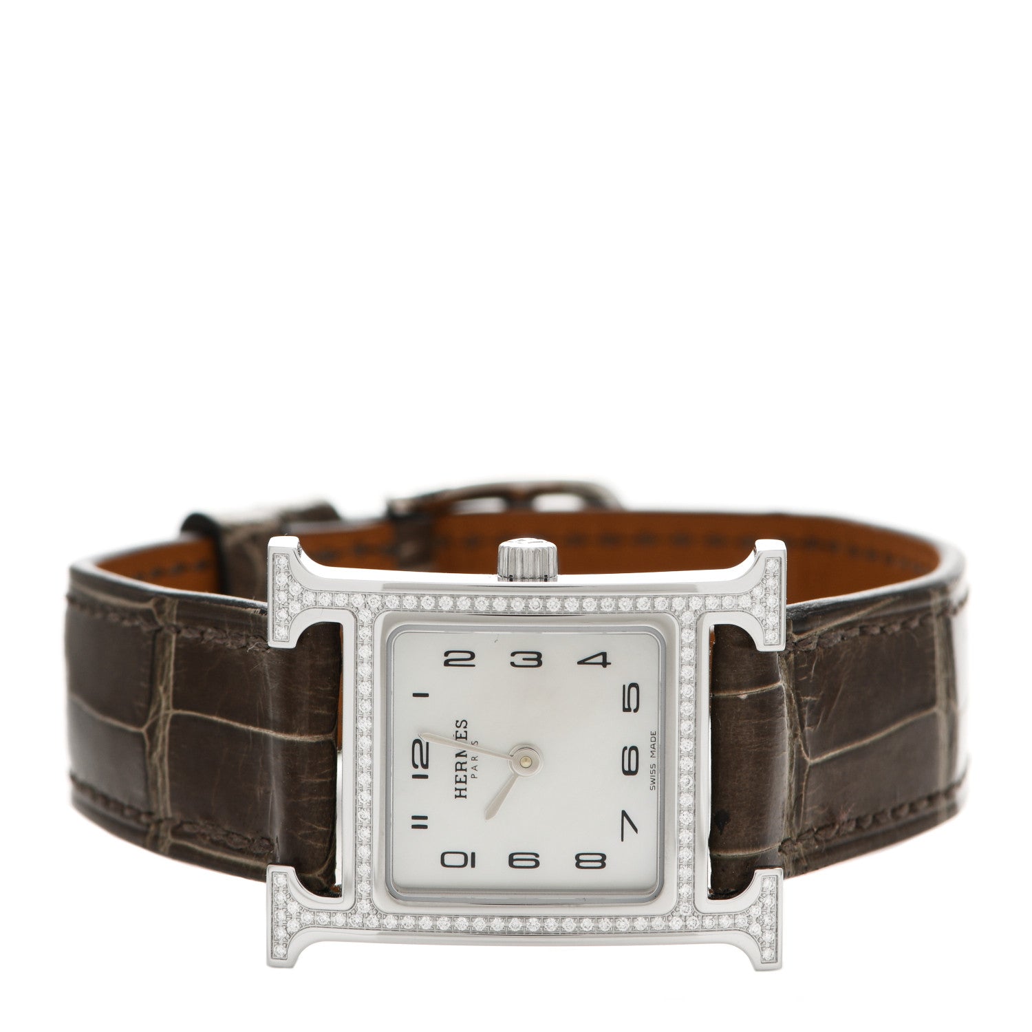Hermes Stainless Steel Alligator Diamond Bezel Mother of Pearl 21mm Heure H Hour Quartz Watch Gris Elephant 2 of 5