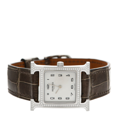 Hermes Stainless Steel Alligator Diamond Bezel Mother of Pearl 21mm Heure H Hour Quartz Watch Gris Elephant 2 of 5